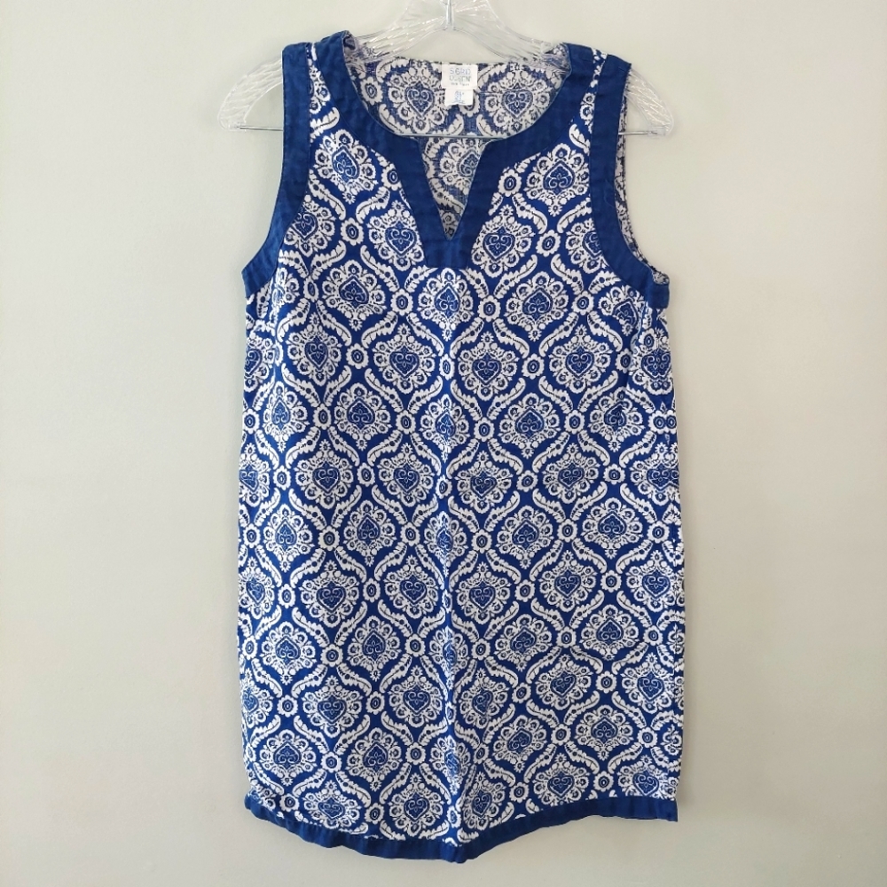 Sigrid Olsen dress Small 100% linen blue white v-neck sleeveless above knee